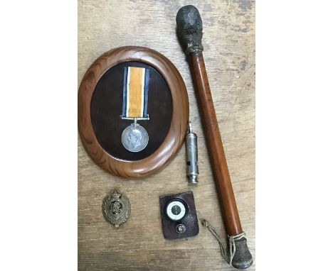 WW1 Royal Engineers 1914-18 War medal to 92092 DVR A.H. Matthews R.E, With his Trench weapon of a Kosh made of a hardwood sti