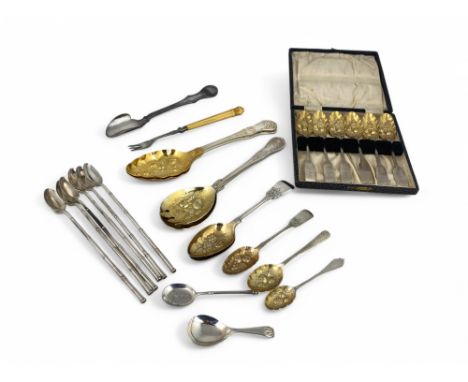 A quantity of silver and silver plated flatware Comprising of a set of six silver long bamboo stirring spoons, Asprey &amp; C