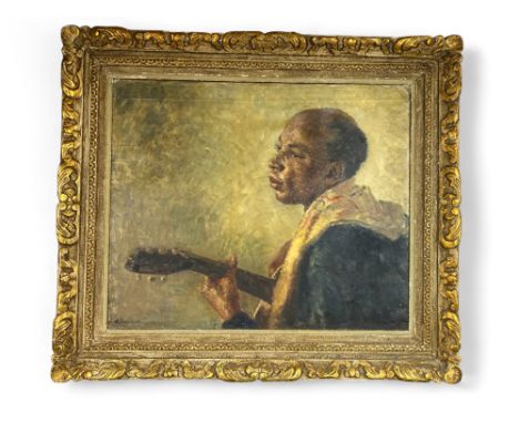 Margaret Chapman (20th century British School) 'Portrait Study No.3', a portrait of a Spanish guitar player Oil on canvas Sig