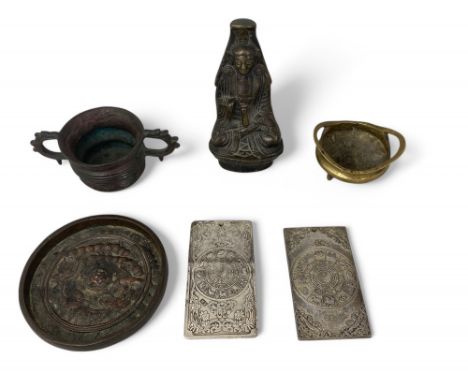 A group of 19th and early 20th century Chinese and Japanese metalware Comprising of a pair of silver Zodiac plates or scroll 