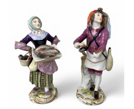 A pair of Meissen figures of a fish seller and a beer seller  She with hands on hips with basket and tray of fish, he with a 