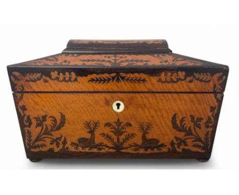 A mid 19th century rosewood and satinwood marquetry tea caddy Of sarcophagus form, inlaid with deer and foliage, the hinged r