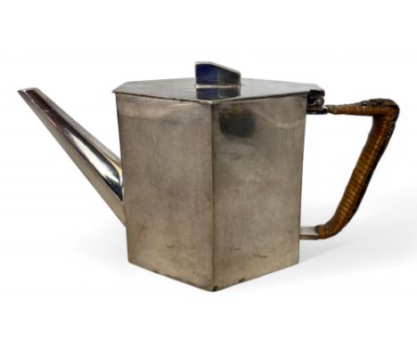 A late Victorian Aesthetic Movement electroplated tea pot by Hukin &amp; Heath, possibly designed by Christopher Dresser Of a