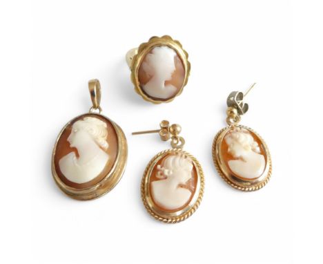 A shell cameo set, comprising a pair of earrings, ring and pendant Yellow metal testing as gold, each with oval lady’s portra