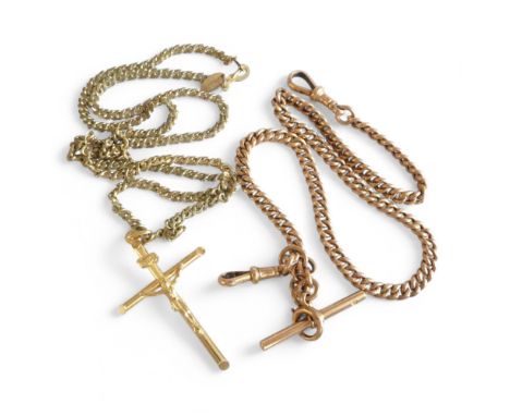 A 9ct gold Albert chain, stamped ‘9C’ and later 9ct gold ‘INRI’ crucifix pendant cross with UK and European hallmarks, togeth