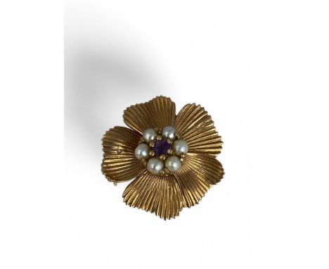 A mid-20th century 9ct gold, amethyst and cultured pearl five petal flower London hallmarks, amethyst and pearls each approx.