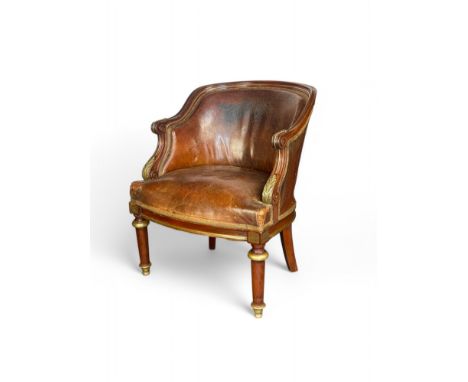 A late 19th century French mahogany and gilt bronze mounted leather upholstered fauteuil or armchair  In the Louis XVI style,
