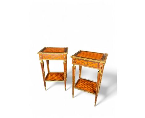 A pair of 19th century satinwood and purplewood trellis and dot marquetry side tables attributed to Donald Ross Applied with 