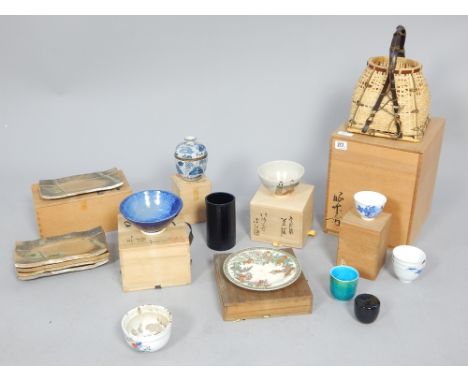 Contemporary Japanese ceramic platters of bamboo form, Satsuma plate, rice wine cups with four blue ink character marks and o