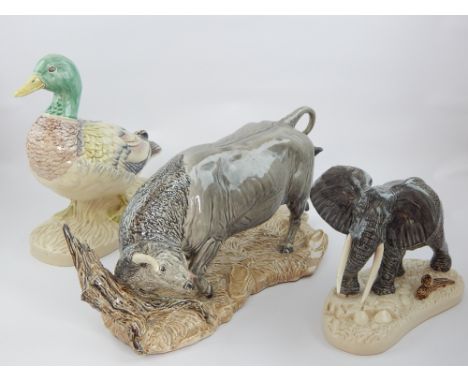 Tom Mackie, three Heredities ceramic animal models of an Elephant, Mallard and a Bull (3)