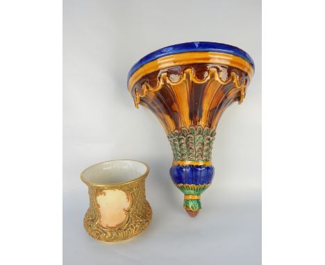 Royal Worcester blush glazed fern pot, foliate decorated with diapered panels and vacant cartouches, 12cm h, together with a 