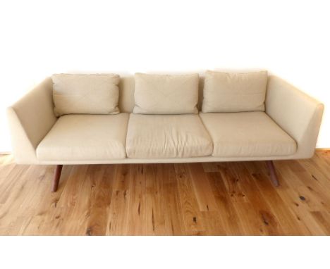 Matthew Hilton for Heal's, Hepburn sofa, neutral linen upholstery, walnut 'V' legs, 218cm w