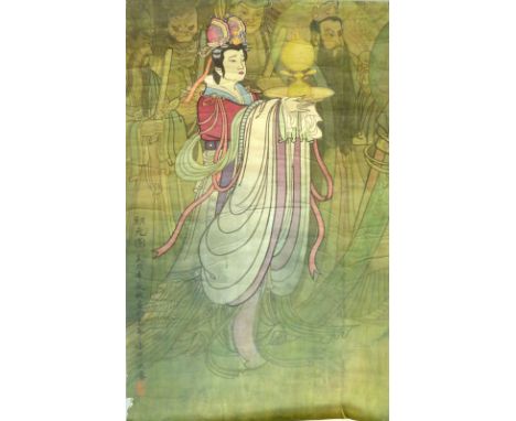 Chinese painted scroll, decorated with an elegant lady within a procession of warriors, 125 x 83cm