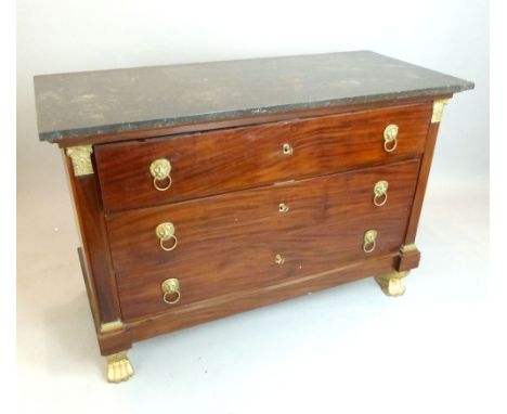 French Empire marble top chest of drawers / commode, oak and mahogany, brass lion mask ring handles and brass leaf furnishing
