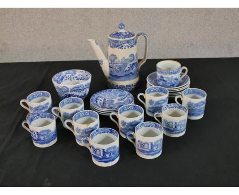 A Copeland Spode Italian pattern coffee set, blue and white transfer printed, including a coffee pot, sugar bowl, cups and sa