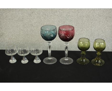 Seven drinking glasses, Bent Severin for Holmegaard, a set of three sherry glasses, two Bohemian coloured cut to clear wine g