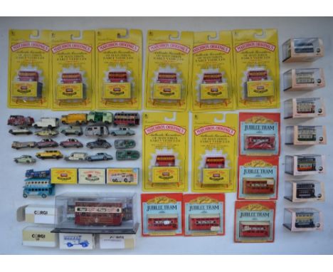 Collection of mostly small scale diecast bus, tram and vehicle models to include vintage Lesney (used condition/spares/repair