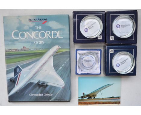 The Concorde Story by Concorde pilot and Captain Christopher Orlebar, a vintage Concorde postcard and 4 aviation related glas