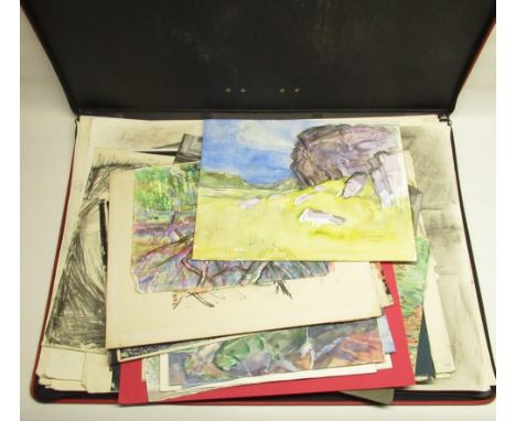 Folio containing a large collection of unframed oil paintings, watercolours, prints and posters inc. works from Richard Walke