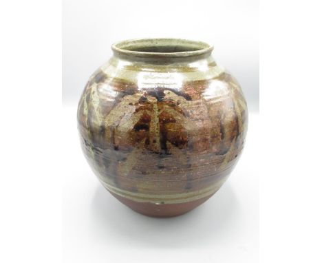 Large studio pottery globular vase, black drips and splashes on a light brown glaze, impressed mark 'R.W.B.' H24.5cm 