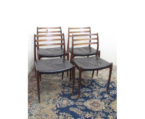 Dom Joly Collection - Set of four J Moller Model 98 Danish rosewood framed dining chairs with ladder backs and black leather 