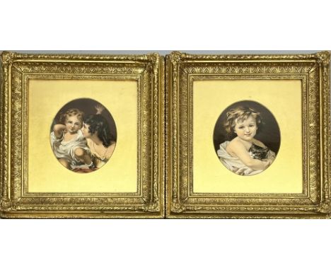 Pair of Victorian oval prints in giltwood and gesso moulded frames, aperture 23cm x 20cm, 33cm x 30cm max (2) 