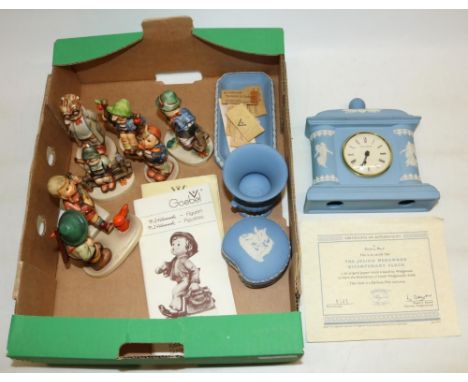 Wedgwood Danbury Mint blue jasperware Bicentenary Limited Edition mantle clock H16cm, three other pieces of Wedgwood blue jas