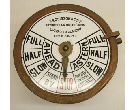 Brass engine room telegraph, by A Robinson &amp; Co Ltd, Liverpool &amp; Glasgow, circular white enamel dial with brass surro