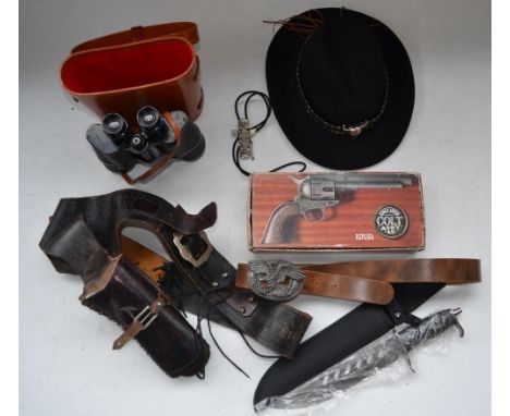 Replica Colt 45 Army single action revolver, leather gun holster with replica bullets, a hunting knife, blade L25cm, a pair o