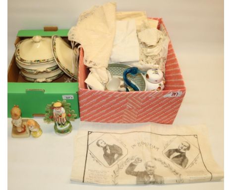 Quantity of linen and lace handkerchiefs etc., including one in memoriam of W.E. Gladstone, ceramics including a Beswick owl 