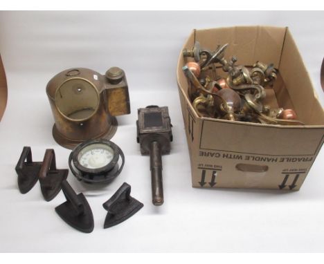 WWII black metal ships gimbal compass, a brass case for a gimbal compass, collection of brass light fittings, etc. 