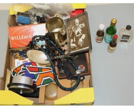 A pair of travelling apothecary scales with glass pans, South American bead work belt, costume jewellery, liqueur miniatures,