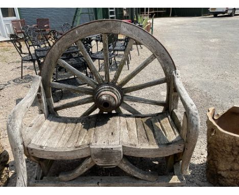 "Cartwheel" bench. Well made garden bench from weathered timber seat W1m 10 X D44cm X H1m 18 