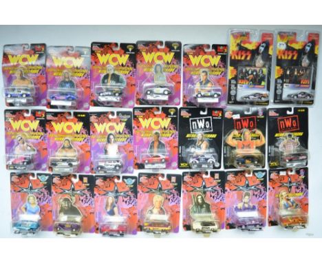 Collection of 19 Racing Champions World Championship Wrestling personalised diecast car models, 2 Playing Mantis Kiss cars, 5