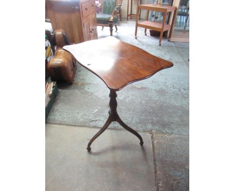 C19th and later mahogany tripod table, shaped rectangular top on slender ring turned column and three downcurved legs with sp