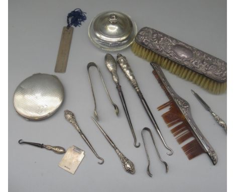 C1930s hallmarked Sterling silver engine turned powder compact, a silver and glass dressing table dish and other silver items