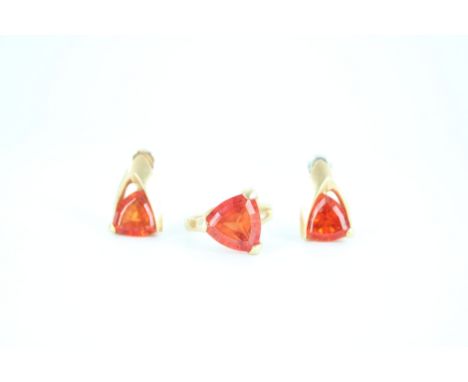 14ct gold modernist ring set with triangle cut orange stone (possibly fire opal) with matching earrings, each marked Strell 5