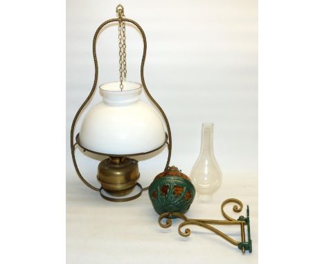 Ceiling hanging brass oil lantern, H64cm excl. chain, with milk glass shade; and a wall mounted single branch oil lantern, in