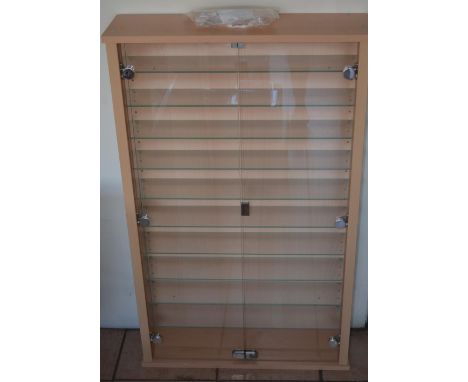 Large lockable wall mounted 2 door glass fronted display cabinet, 11 adjustable shelves, external W67.5 D19.5 H110.2 Internal