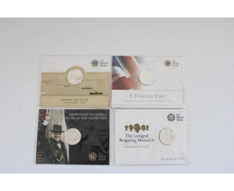 Five Royal Mint silver proof commemorative £20 coins incl. Outbreak 2014, Timeless First 2013, Longest Reigning Monarch 2015 