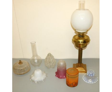 C20th brass oil lamp with fluted column on square stepped base opaque glass shade H66cm, C19th cut glass oil lamp reservoir, 