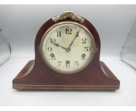 Gustav Becker - 1930's mahogany cased Westminster chiming mantle clock, silvered Arabic dial with outer minute track, signed 