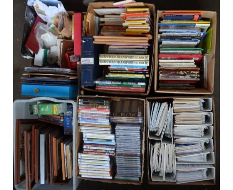 Collection of tram, bus, railway and industry related books and magazines incl. Tramfare, Last Of The Trams, newspaper articl