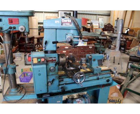 Clarke metalworker 6 speed lathe with Clarke 12 speed mill/drill incorporated. mounted on Clarke bench. 