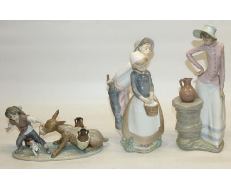 Nao by Lladro porcelain figures: boy with donkey, Meditative Girl, and Curious John, max. H33cm (3) 