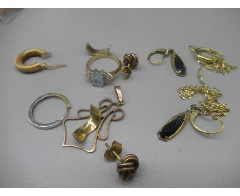 9ct yellow gold ring set with white and blue stones, stamped 375, size L, a pair of 9ct yellow gold knot earrings, a pair of 