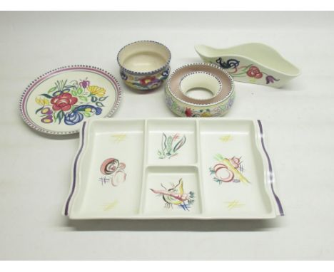 Poole Pottery four sectioned Hors D'ouevres plate, plate, bowl, donut shaped posy and other dish (5) 