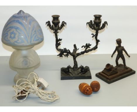Late C19th/early C20th bronzed Grenadier lighting a mortar match holder and striker H18cm, bronzed candlestick holder modelle