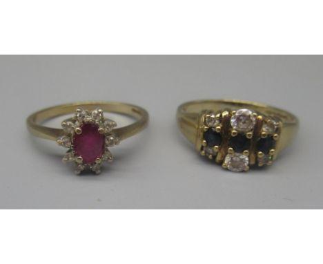 9ct yellow gold white and red stone cluster ring, stamped 375, size O, and another 9ct yellow gold ring set with white and bl