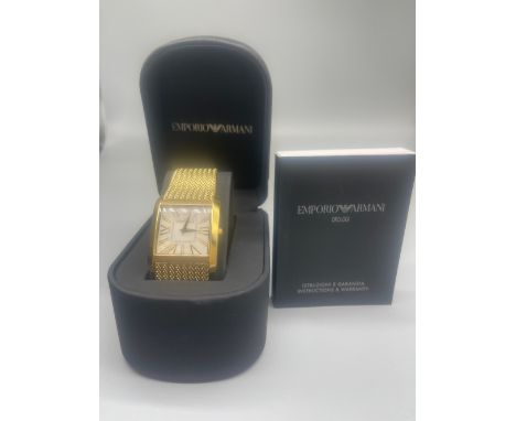 Emporio Armani men's classic mesh gold tone stainless steel AR-2016 wristwatch with mother of pear square dial, boxed with ma